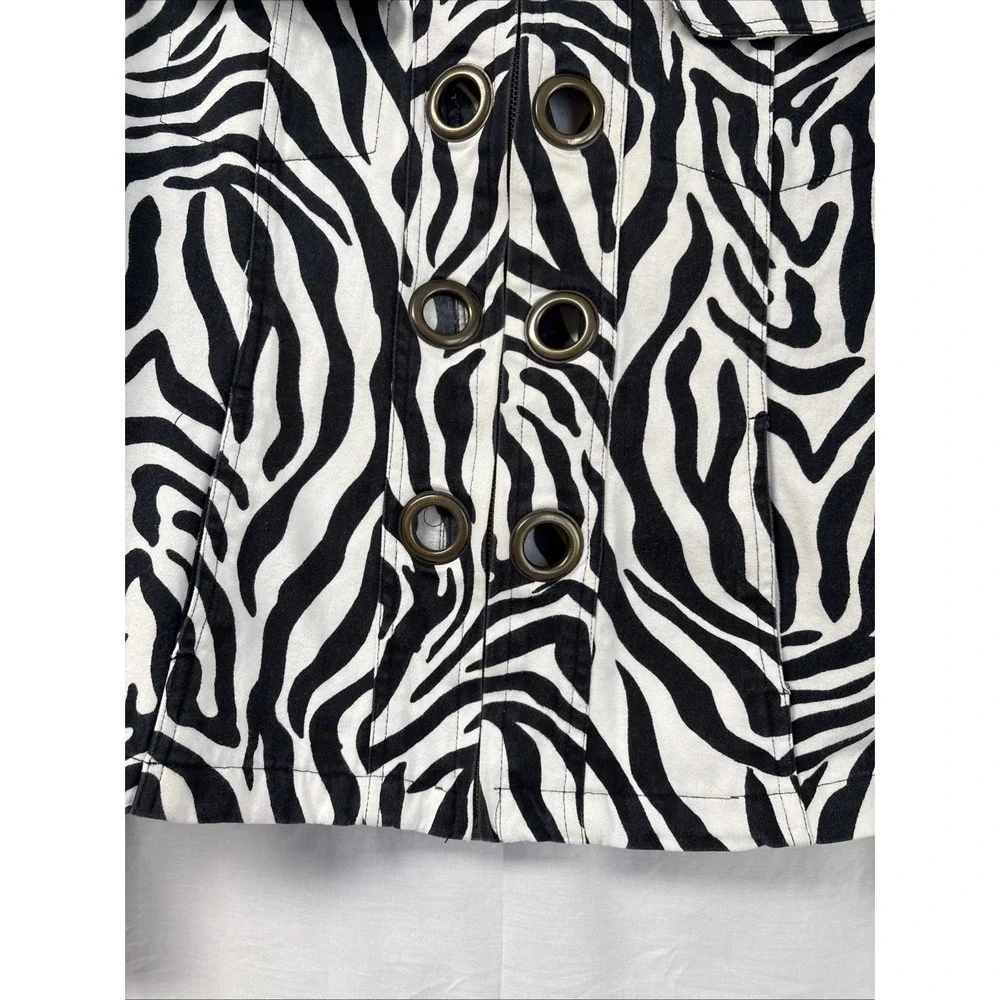 New Directions Zebra Print Canvas Studded Jacket Women Medium Black White Zip